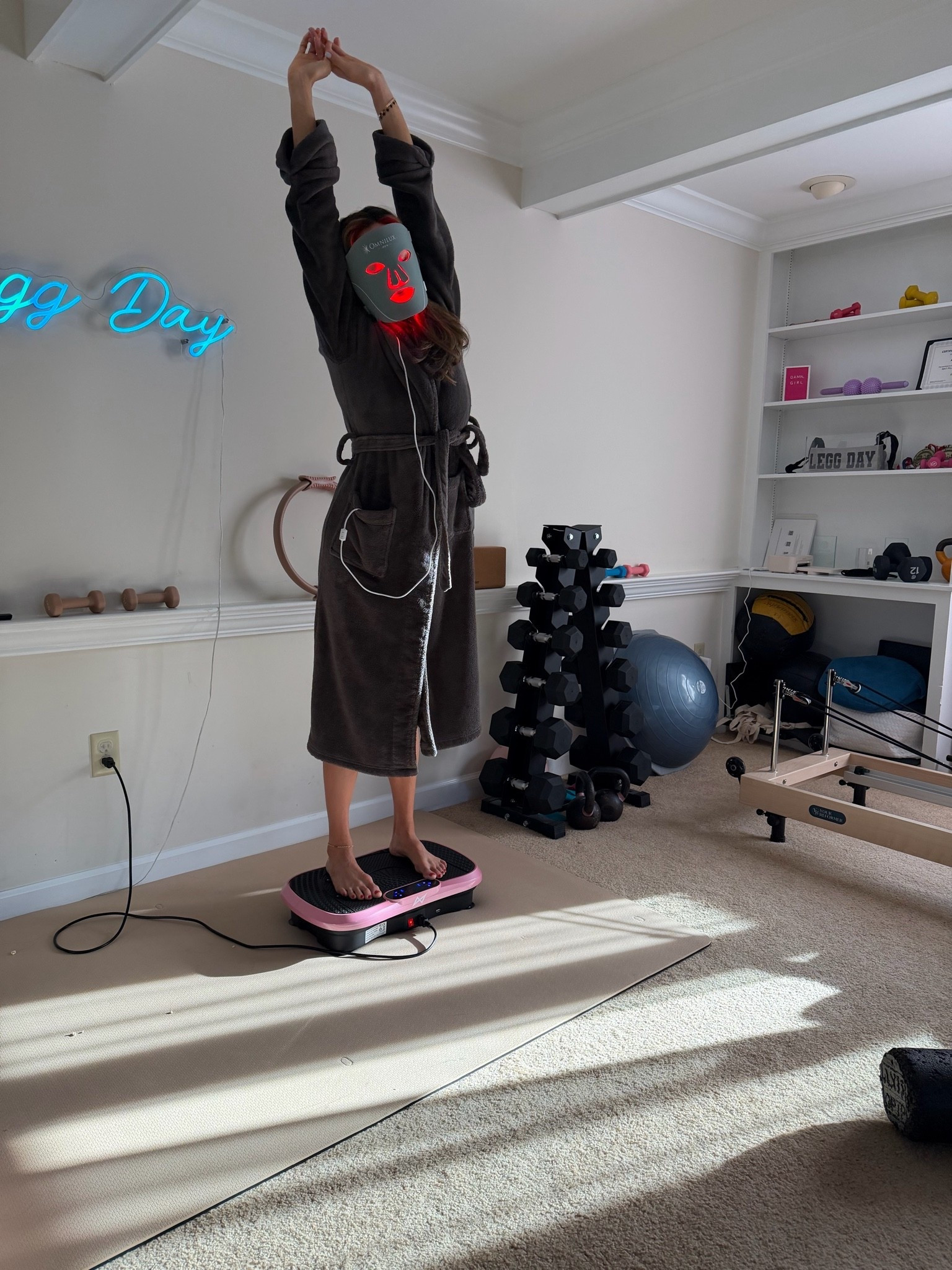 Morning ritual. Just 10 minutes of red light therapy on a vibration plate can support recovery, circulation, muscle activation, bone health, healthy skin, and plate may also help stimulate digestion. It’s not a magic fix, but it can be a simple addition to complement your strength training, nutrition, sleep, and overall wellness routine.

#LTKdayinmylife #LTKmorningroutine #LTKselfcare