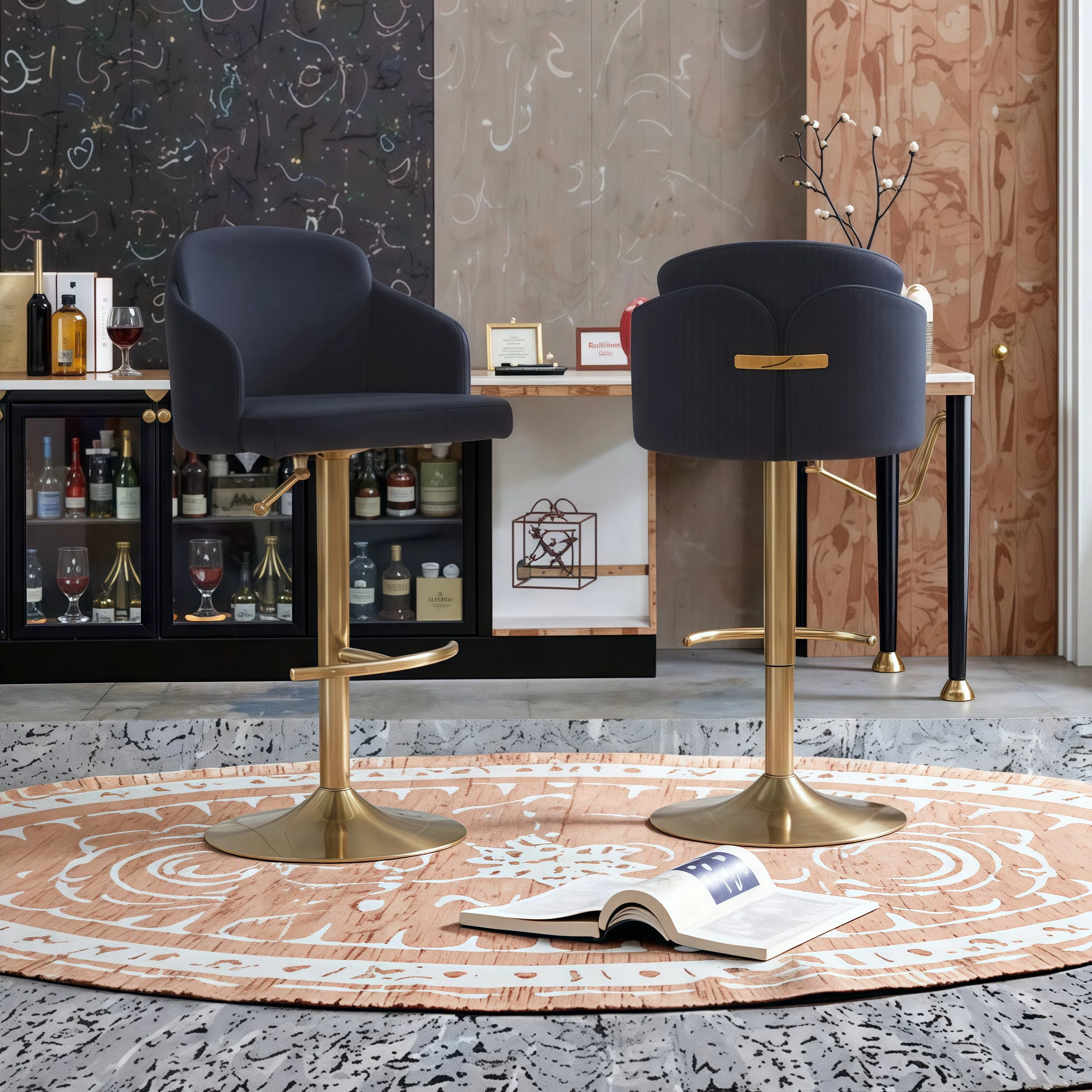 Mercer41 Contemporary Adjustable Swivel Bar Stools with Metal Base and Velvet/Faux Leather Seatin... | Wayfair North America