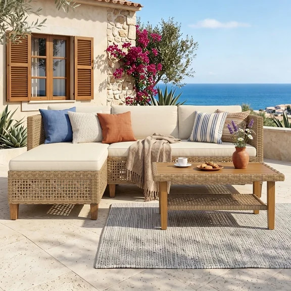 Alpha Joy 3 Pieces Wicker Patio Furniture Conversation Set Boho Style Outdoor Sofa with Wood Coff... | Walmart (US)