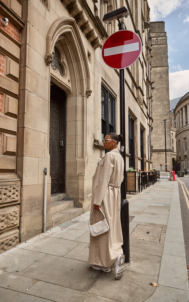 Beige Eyelet Detail Belted Maxi Trench Coat | PrettyLittleThing UK