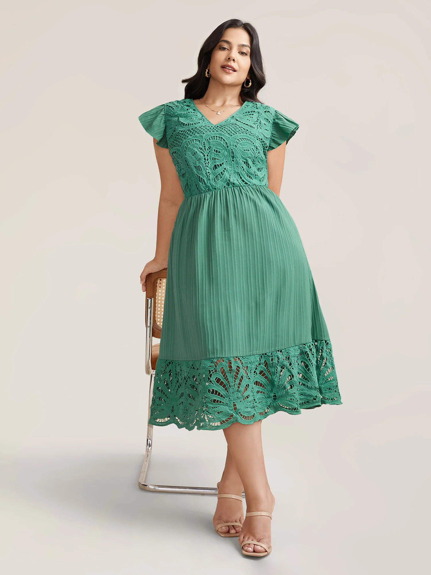 Lace Cut-Out Flutter Sleeve Midi Dress | Bloomchic