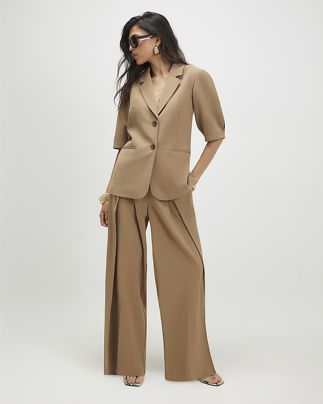 Beige Belted Wide Leg Trousers | River Island UK & IE