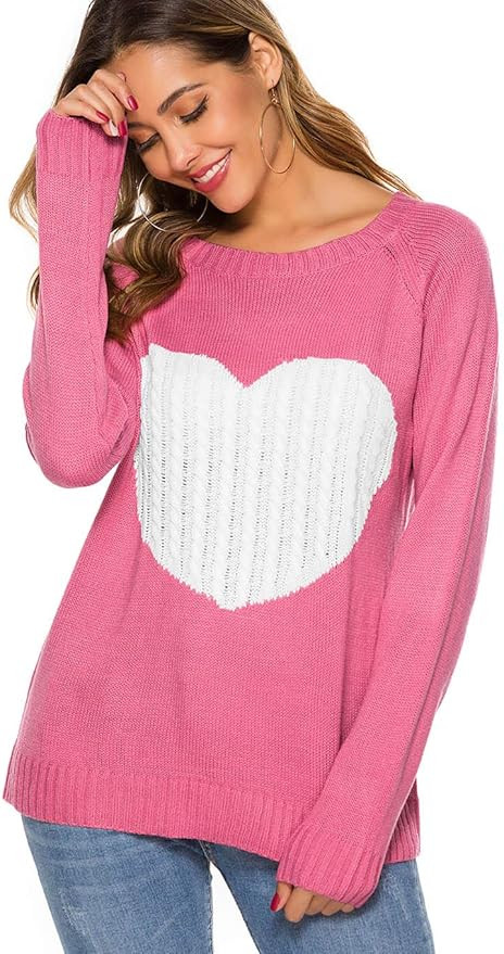 koitmy Women's Long Sleeve Crewneck Knitted Patchwork Cute Heart Sweaters | Amazon (US)