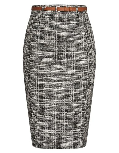 Kate Kasin Skirts for Women Black Tweed Pencil Skirt Knee Length Fall Skirt with Belt Wear to Work Skirt L | Amazon (US)