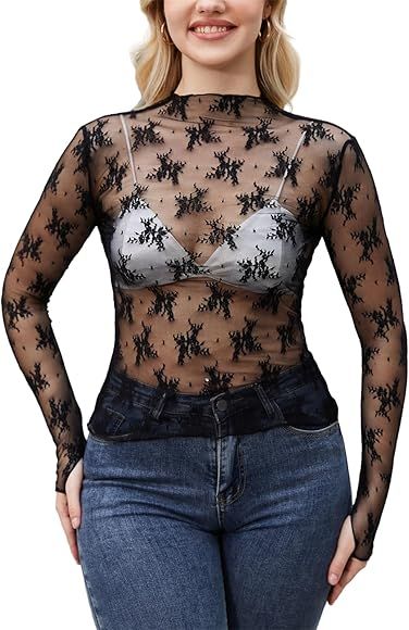 PAODIKUAI Women's Sheer Mesh Top Mock Neck Lace Layering Top Long Sleeve Mesh Shirt See Through S... | Amazon (US)