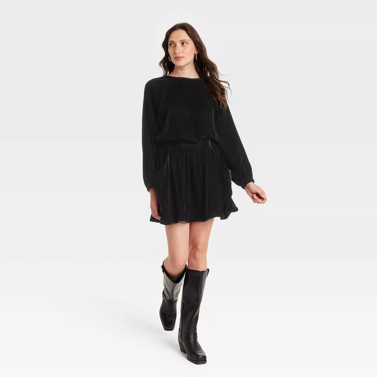 Women's Long Sleeve Velvet Mini A-Line Dress - Universal Thread™ Black 1X | Target