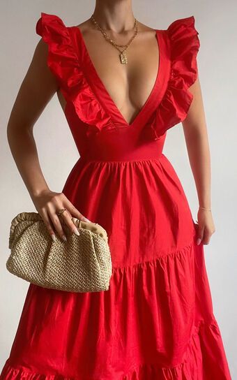 Levona Midi Dress - Ruffle Shoulder Tiered Dress in Cherry Tomato | Showpo (US, UK & Europe)