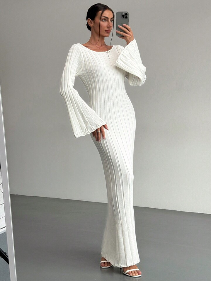 Aloruh Women's Elegant And Chic Solid Color Backless Lace-Up Long Sleeve Maxi Sweater Dress Fall Women Clothes White Dress Long Sleeve Winter Women Clothes | SHEIN