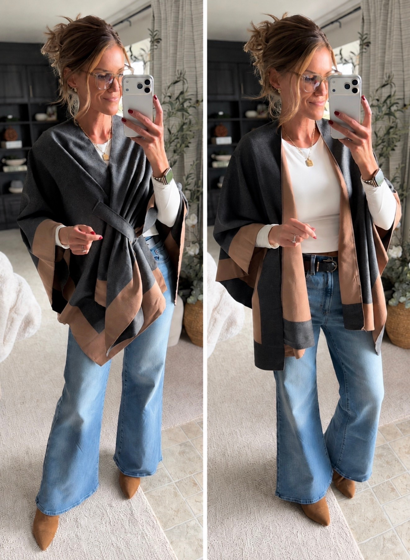 Classically chic poncho wrap that can be worn closed or open. 
One size fits most. 
Long sleeve small 
Jeans/ 8

#LTKSeasonal #LTKOver40 #LTKootd