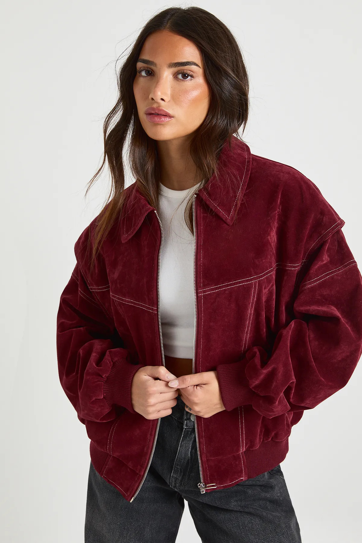 Burgundy Petite Faux Suede Contrast Stitch Bomber Jacket | Boohoo | Boohoo.com (UK & IE)