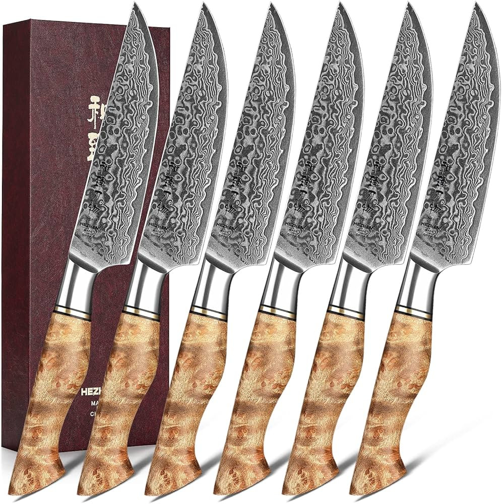 HEZHEN 6PCS Kitchen Knife Set Professional Forged Damascus High Carbon Steel Steak Knife Figured ... | Amazon (US)