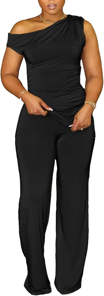 CXXQ 2 Piece Club Outfits for Women Clubwear Sexy Off Shoulder Ruched Crop Tops Bodycon Wide Leg ... | Amazon (US)