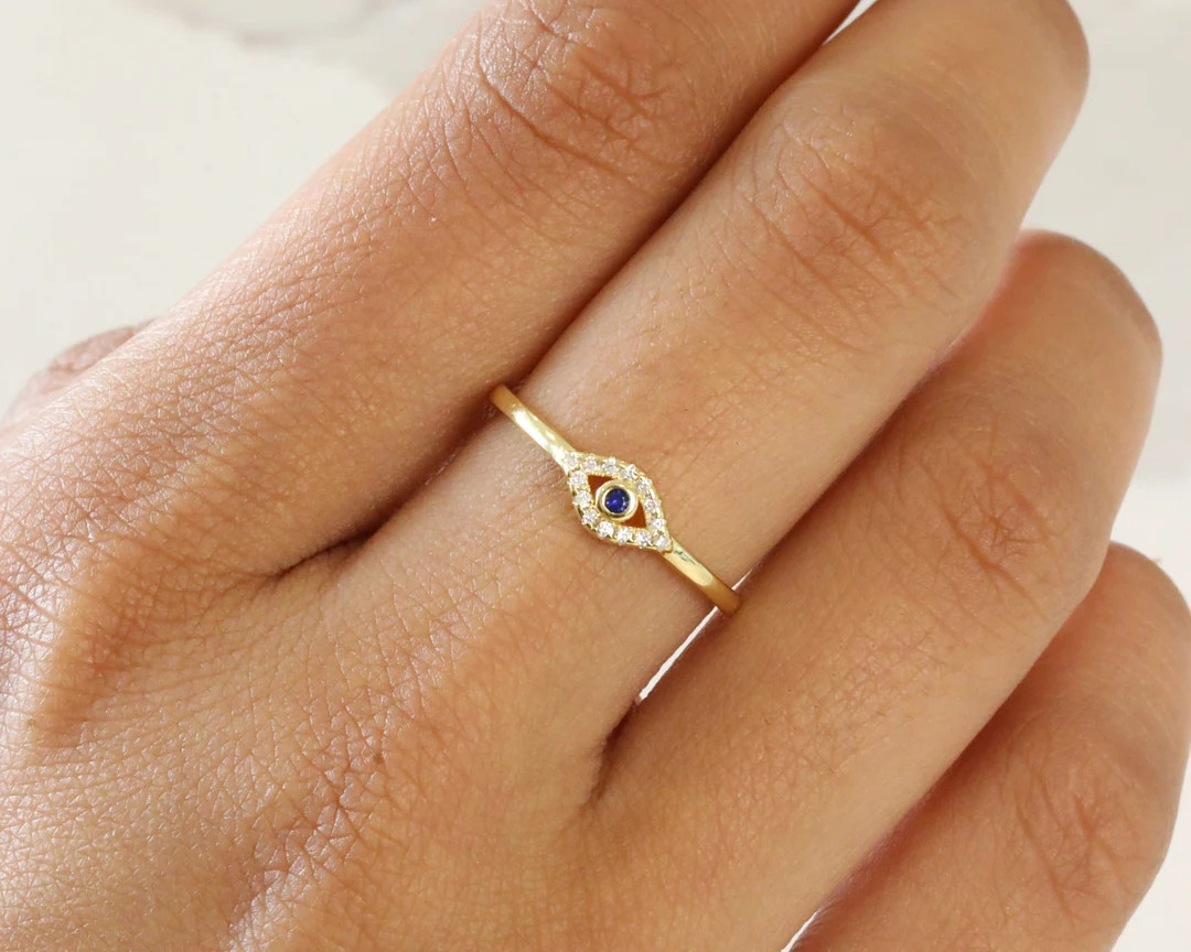 Dainty Evil Eye Stacking Ring • Simple Sapphire Ring • Gold Minimalist Ring • Sterling Silv... | Etsy (US)