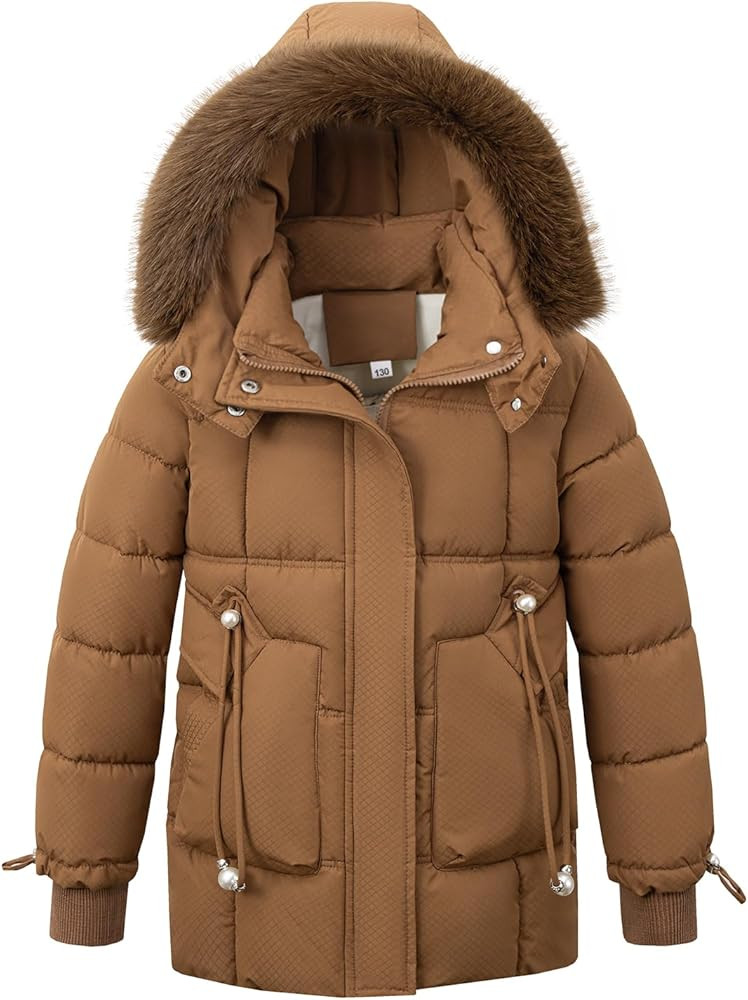 Girls' Winter Warm Coat Fleece Lined Long Jacket With Detachable Fur Hood | Amazon (US)