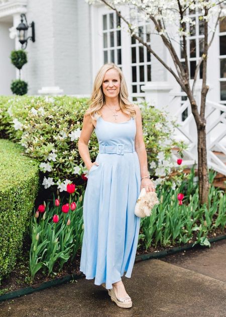 Beautiful look for Easter, spring, and beyond! 

Blue maxi dress paired with a clutch and espadrille wedges 