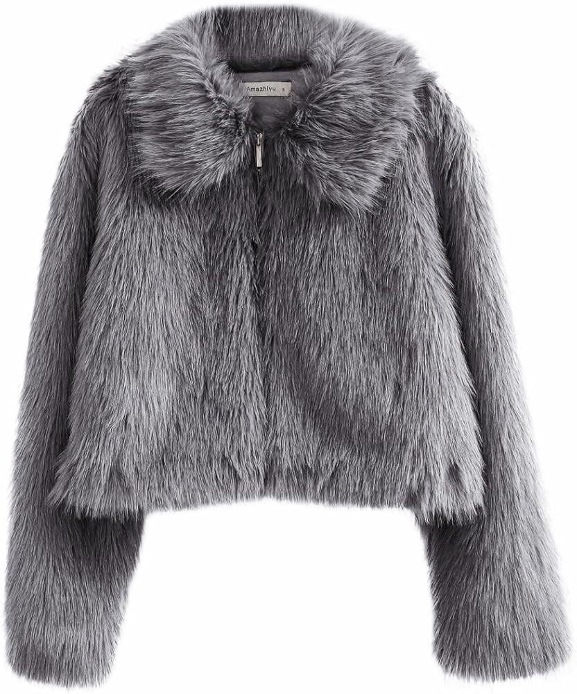 Amazhiyu Womens Faux Fur Zip-Up Cropped Jacket Long Sleeve Warm Winter Coat | Amazon (US)