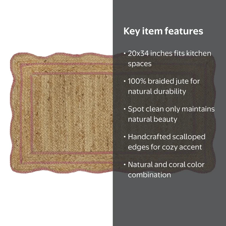 The Pioneer Woman 100% Jute Scallop Kitchen Rug, Natural & Coral, 20" x 34" | Walmart (US)
