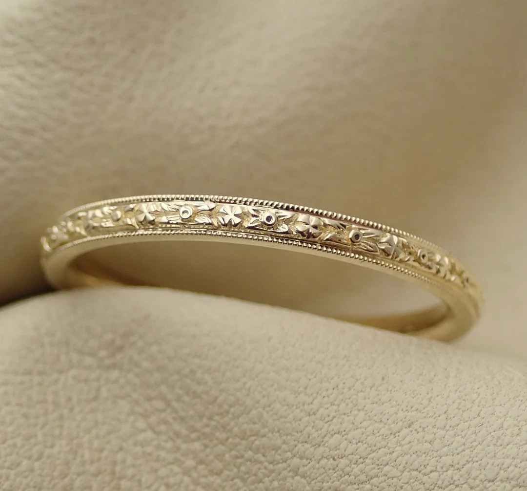 Vintage Carved 14k Yellow Gold Wedding Band: Orange Blossom Milgrain - Etsy | Etsy (US)