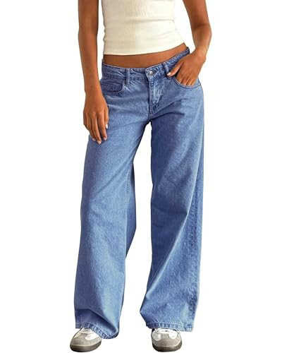 Flvsun Women's Low Waisted Baggy Jeans Wide Straight Leg Casual Loose Denim Pants Y2K Trendy Mid Blue L. | Amazon (US)