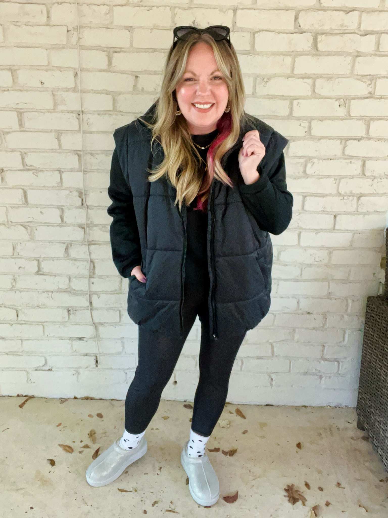 M/L vest; large top; medium leggings 

#LTKmidsize #LTKfindsunder50 #LTKover40