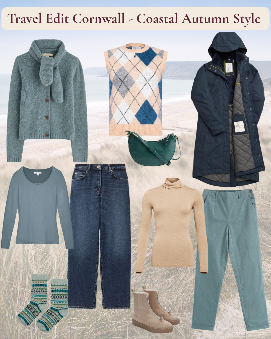 Travel edit coastal autumn style in sea greens and sand - scarf neck cardigan, waterproof coat, cords, jacquard knit, suede boots 

 #LTKautumn #LTKtravel #LTKover50style