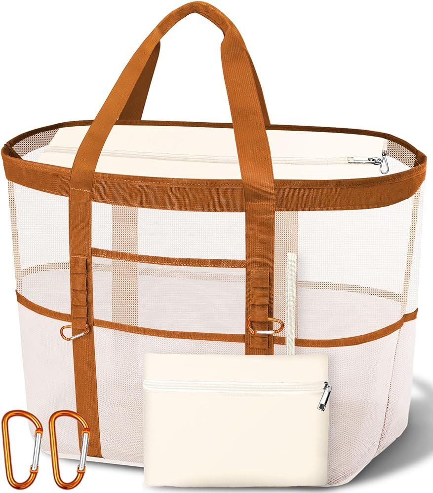 Stylish & Spacious XX-Large Beach Bag for Women – Mesh × Canvas Tote with Top Zipper, 11 Pocke... | Amazon (US)