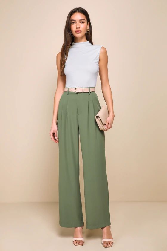 Posh Potential Olive Green High Rise Wide Leg Pants Outfit Olive Green Pants Outfit Pant Set | Lulus
