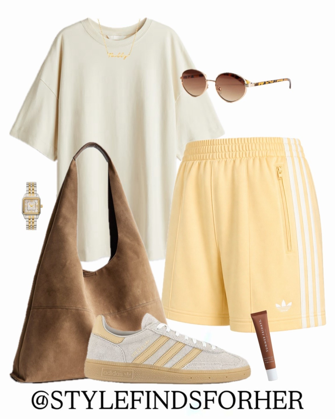 Buttermilk yellow Adidas Firebird shorts teamed with matching trainers, tan faux suede handbag and an oversized tee. Perfect Summer outfit for casual days out 

#LTKshoes #LTKmidsize #LTKsummer