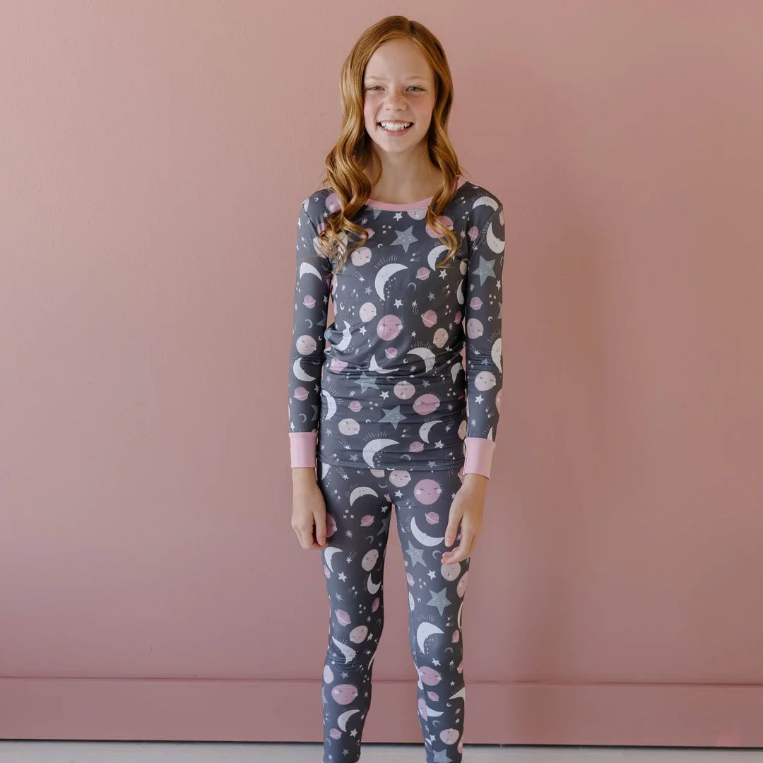 Pink To the Moon & Back Two-Piece Bamboo Viscose Pajama Set | Little Sleepies