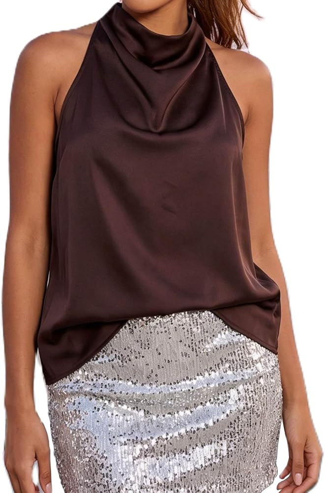 Women's Silk Satin High Neck Halter Top | Amazon (US)