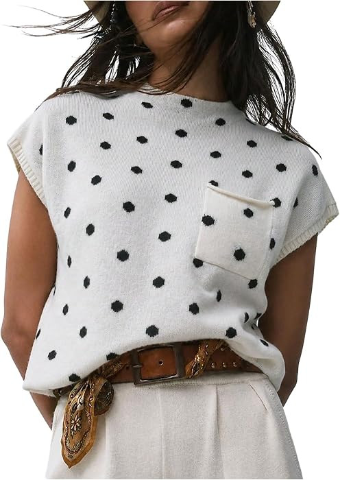 WDIRARA Women's Polka Dots Sweaters Cap Sleeve Knit Pullover Knit Tops | Amazon (US)