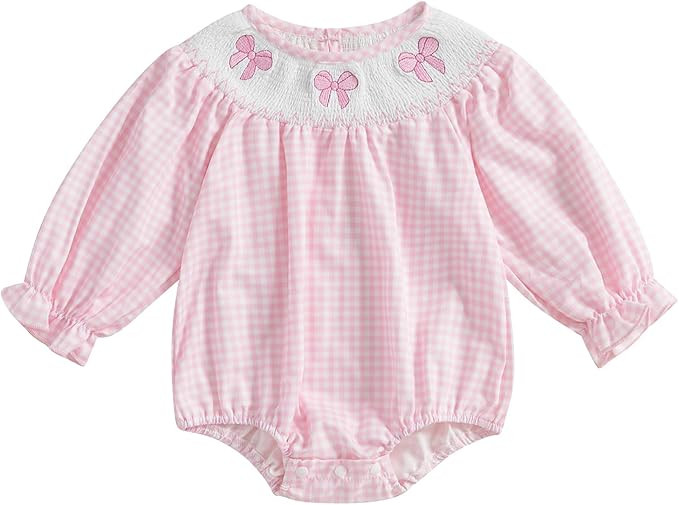 Muasaaluxi Smocked Baby Girl Clothes Long Sleeve Bow Embroidery Romper Plaid Ruffle Bodysuit Fall... | Amazon (US)