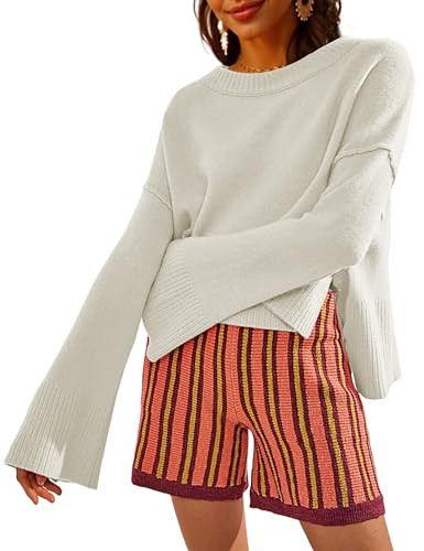 TAQCUX Womens Lightweight Sweaters Crewneck Bell-Style Sleeve Batwing Knit Tops Slouchy Soft Pullover Jumpers(White-M) | Amazon (US)