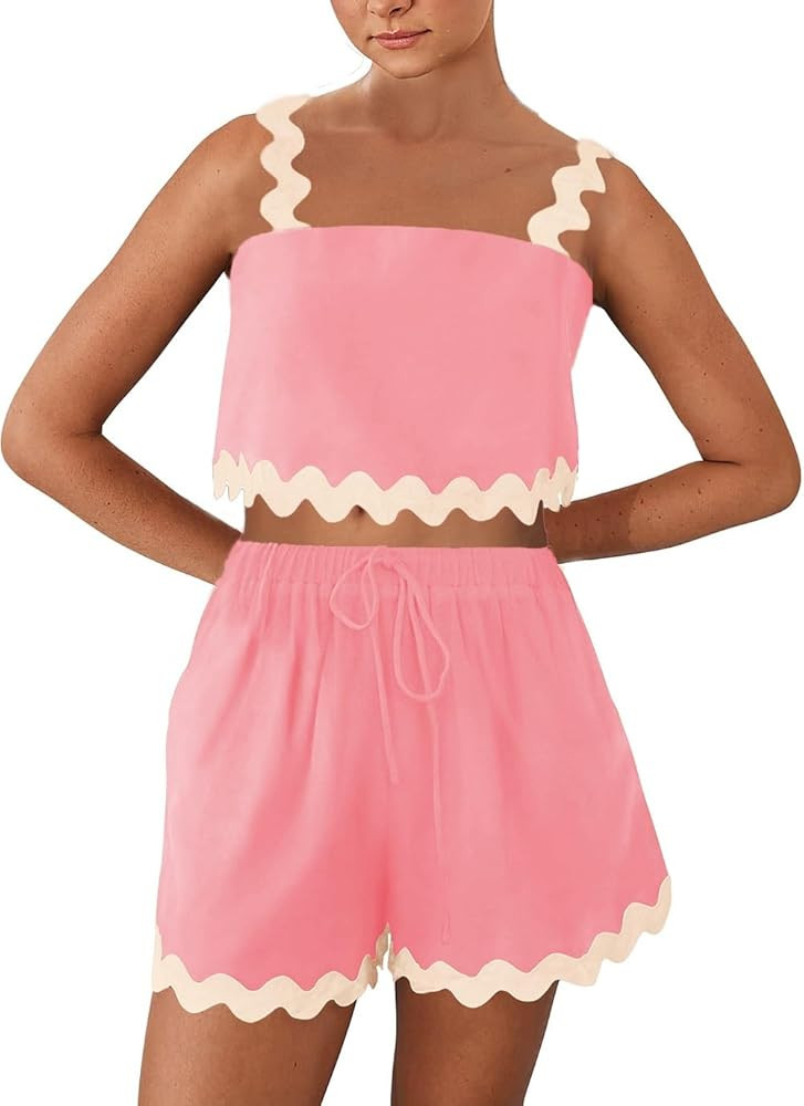 Juakoso Womens 2 Piece Vacation Outfits Pajamas Sets Casual Cropped Tank Tops Shorts Lounge Sets ... | Amazon (US)
