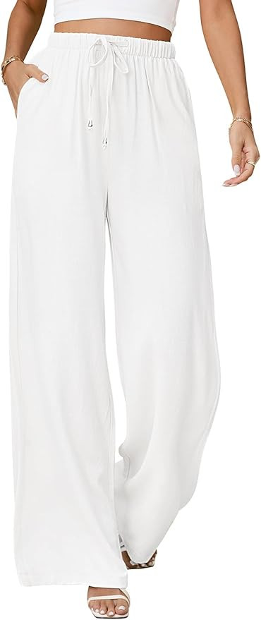 Womens Linen Pants Casual Wide Leg Pants Summer Palazzo Pants Loose Flowy Beach Pants Drawstring ... | Amazon (US)