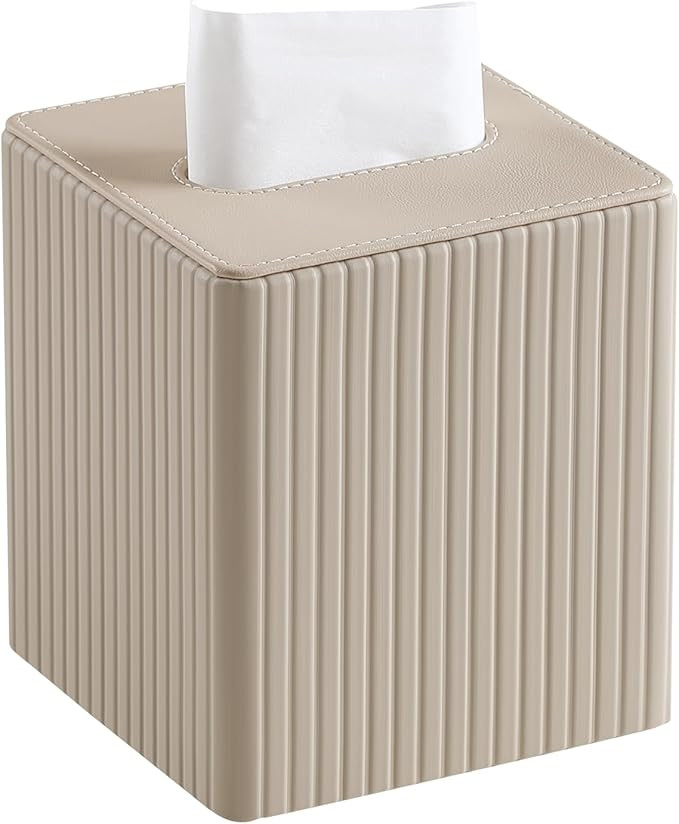 PU Leather Tissue Box Cover Square Tissue Box Holder with Magnetic Closure (Beige Fluted) | Amazon (US)