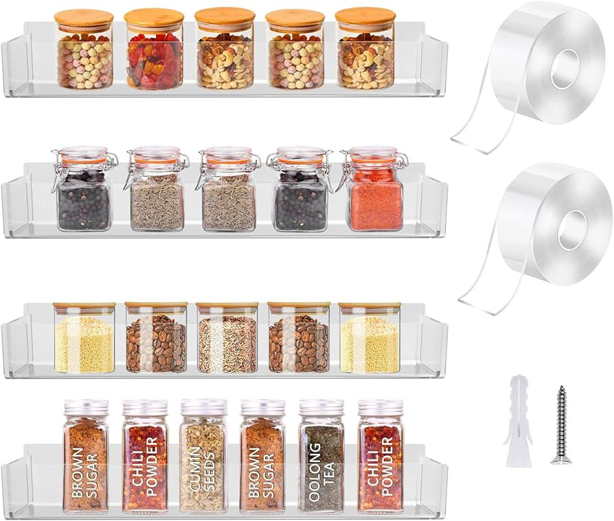 WUIVIUT Spice Rack Organizer Wall Mount, 4 PACK Acrylic Hanging Spice Rack Shelf Storage Holder f... | Amazon (US)