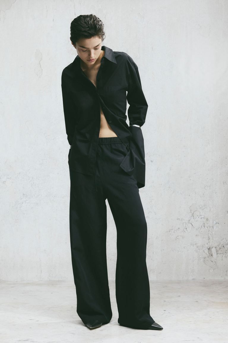 Linen-blend pull-on trousers - High waist - Long - Black - Ladies | H&M GB | H&M (UK, MY, IN, SG, PH, TW, HK)