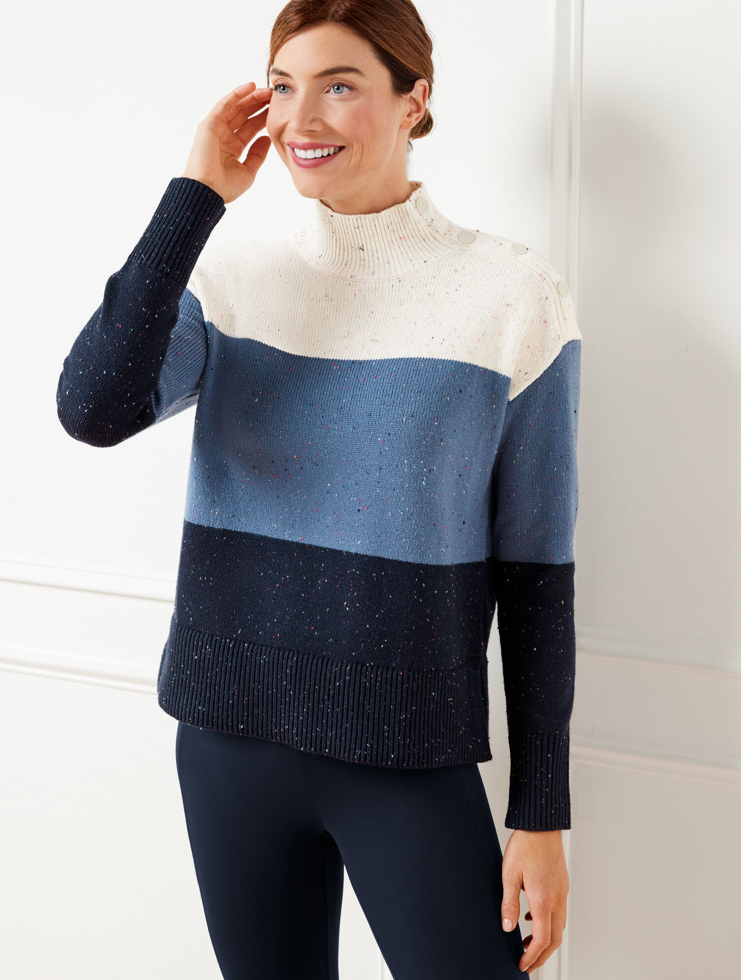 Snap Button Mockneck Sweater - Speckled Stripe | Talbots