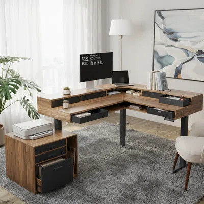 65.5" × 57.6" L-Shaped Electric Standing Desk With 6 Storage Drawers & Storage Cabinet, Dual-Level Corner Sit-Stand Desk, Power Strip Tray & Cable Man | Wayfair North America