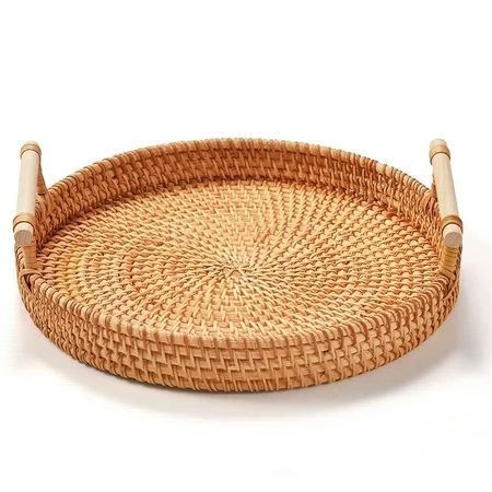 Medium Round Wicker Tray Rattan Basket Trays with Wooden Handle Woven Tray Rattan Round Handmade Wov | Walmart (US)