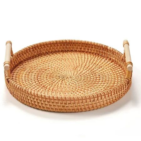 Medium Round Wicker Tray Rattan Basket Trays with Wooden Handle Woven Tray Rattan Round Handmade Wov | Walmart (US)