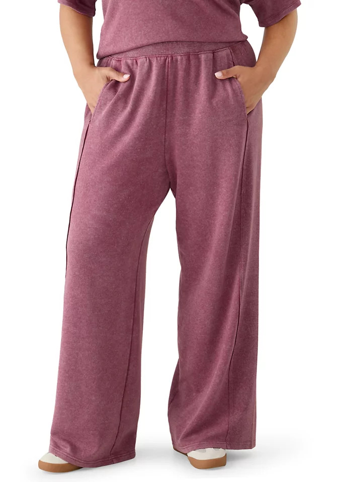 Plus Size Rib Trim Terry Wide Leg Pants | Belk