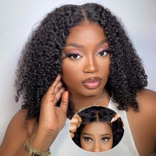 UNEED Short Kinky Curly Glueless Bob Wig Human Hair Pre Plucked Pre Cut Wear and Go Glueless Bob Wigs for Black Women 5x5 Invisible SKINLIKE Real HD Transparent Lace 200% Density 12 Inch | Amazon (US)
