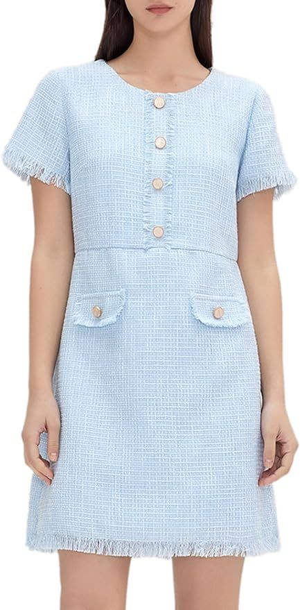 AMIMIV Womens Summer Tweed Dress Short Sleeve Crew Neck Tassels Elegant Loose A Line Mini Dress | Amazon (US)