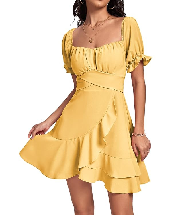 LYANER Women's Square Neck Ruffle Wrap Mini Dress Off Shoulder Flounce Short Sleeve A Line Flowy ... | Amazon (US)