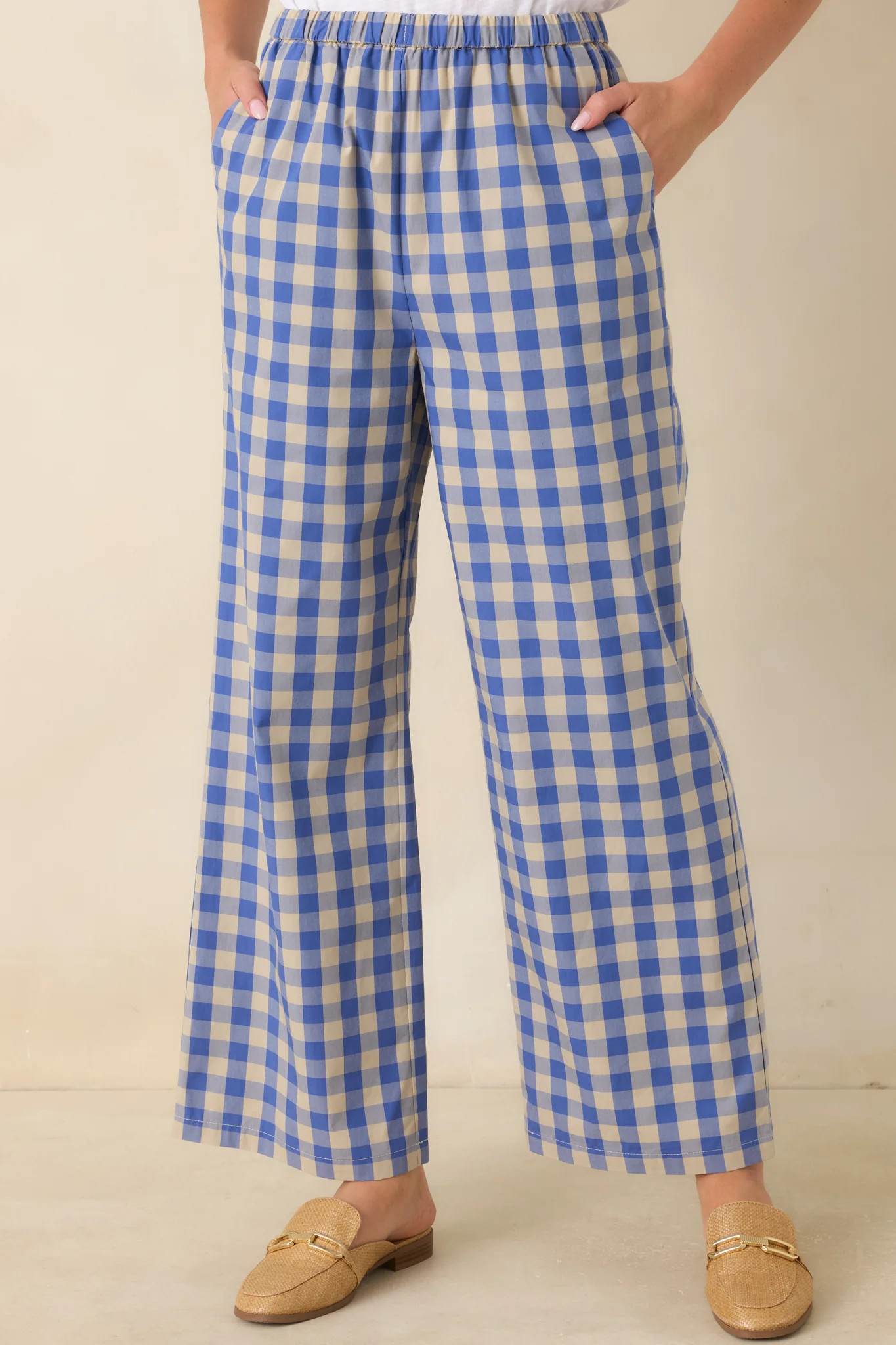 FRNCH Maris Azure Blue Gingham Cotton Pants | Red Dress