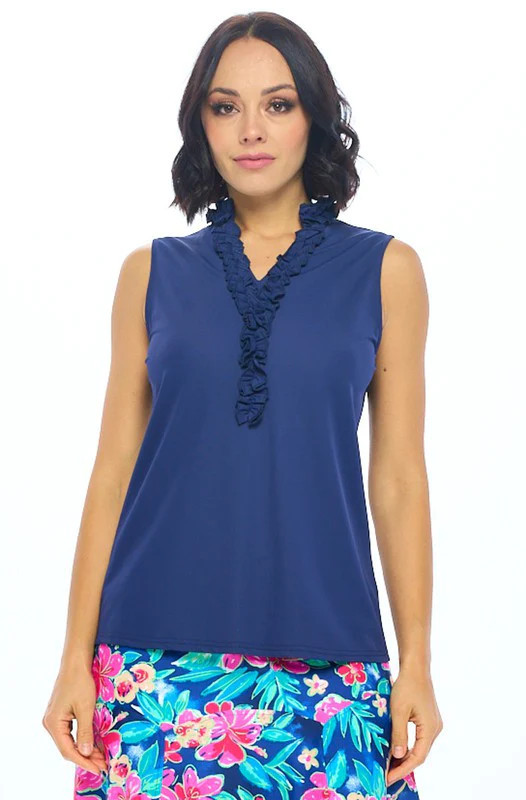 Preppy Palm Beach Navy Ruffle Top | Peppered with leopard