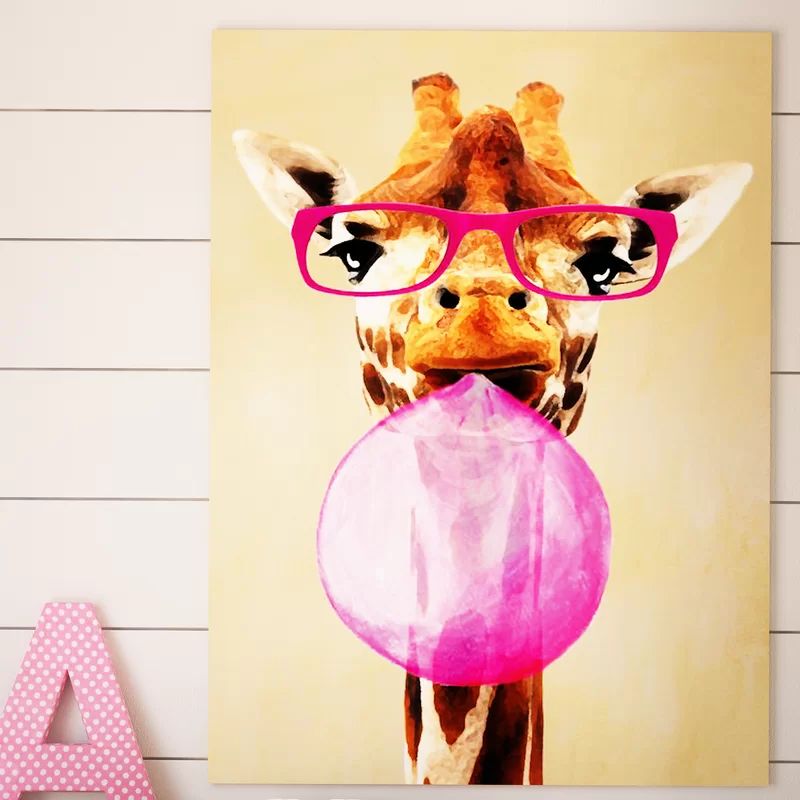 'Clever Giraffe with Bubblegum' Painting Print on Canvas | Wayfair North America