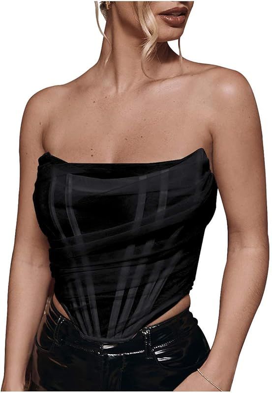 Amazon.com: L'VOW Women's Strapless Mesh Bustiers Backless Corset Bodyshaper Crop Top (Black, Med... | Amazon (US)